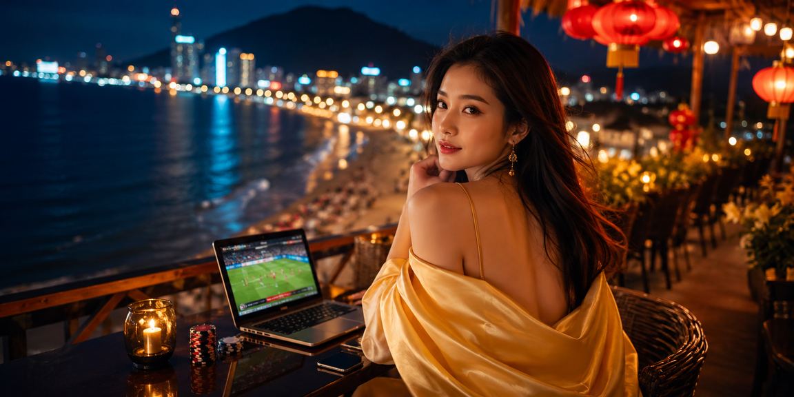 Cảnh chợ đêm Vũng Tàu với người dùng đang theo dõi tỷ lệ cá cược thể thao trên điện thoại